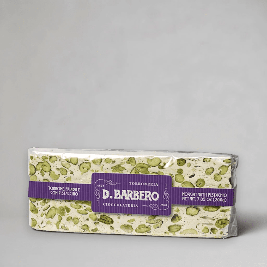 Barbero Torrone friabile con Pistacchio 200 g – knuspriger Pistazien-Nougat-Riegel aus Asti