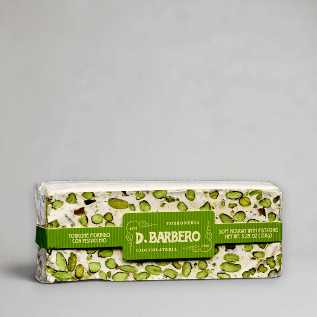 Barbero Torrone morbido con Pistacchio 150 g – weicher Pistazien-Nougat-Riegel mit Orangenhonig aus Asti