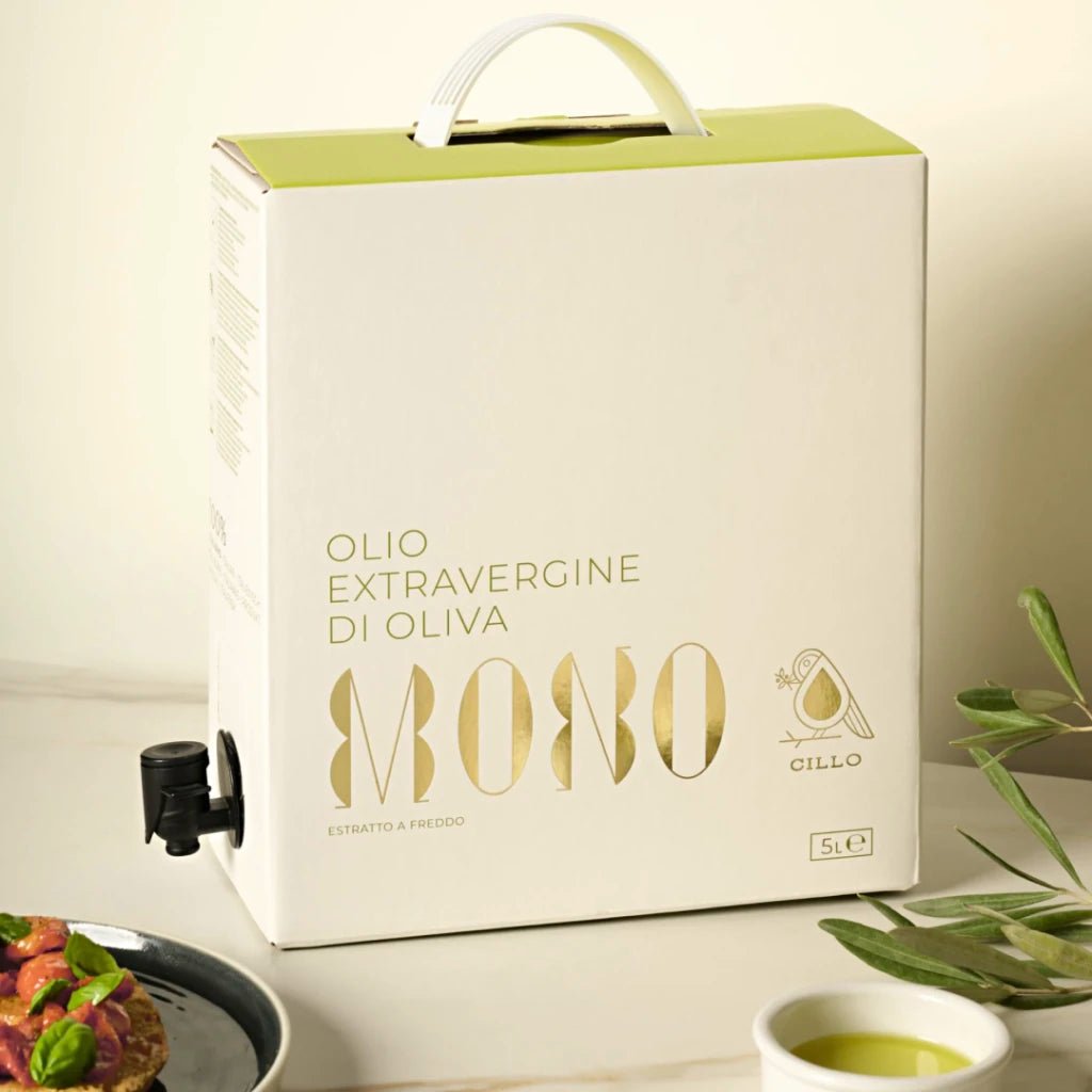 Francesco Cillo Bag in Box mit 5 Litern Mono Coratina Olivenöl mit Bruschetta und Olivenzweig