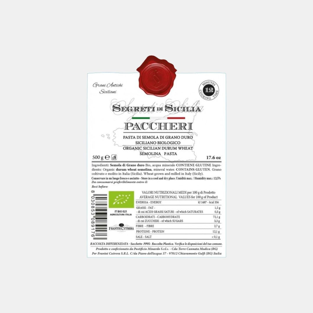 Rückenetikett der Cutrera Bio-Paccheri 500g