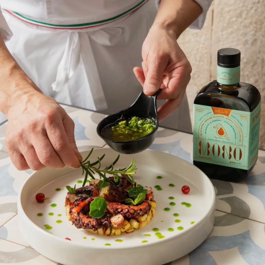 Francesco Cillo Peranzana Olivenöl mit gegrilltem Pulpo und Kraeutern