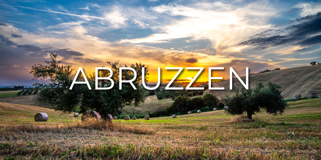 Blick über abgeerntete Getreidefelder und Olivenbäume für die Kategorie Abruzzen