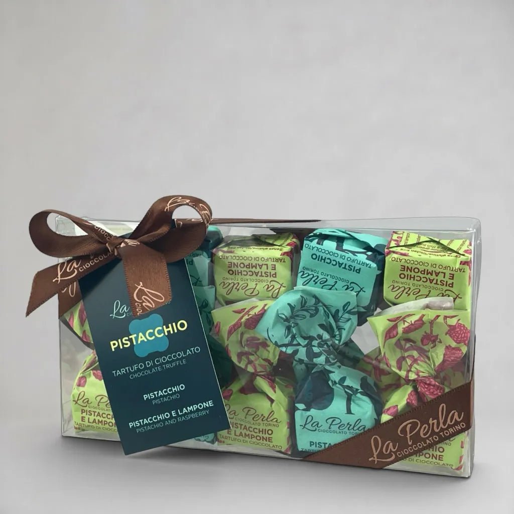 La Perla di Torino Geschenkbox mit 10 Tartufi Pistacchio und Pistacchio e Lampone - OLIPASO - Süsses