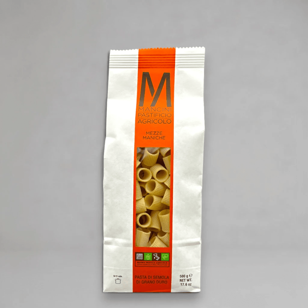 Mancini Mezze Maniche 500 g – kurze Röhrenpasta aus Hartweizen aus Eigenanbau in den Marken