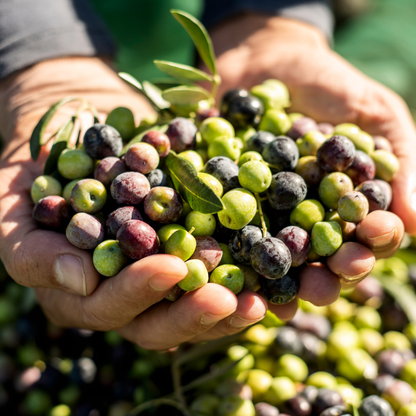 Geerntete Oliven die in ein zwei Händen gehalten werden - OLIPASO - Olivenöl