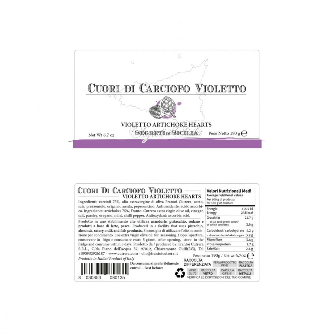 Cuori di Carciofo violetto - violette Artischockenherzen in Olivenöl - OLIPASO - Antipasti