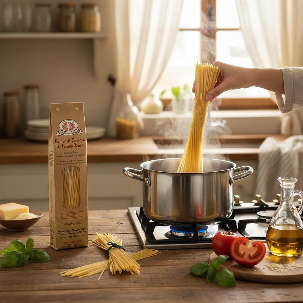 Spaghetti von Rustichella d Abruzzo mit Kochtopf und Gasherd 