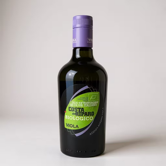 Flaschenansicht des Bio Olivenöl Costa del Riparo von Viola aus Umbrien