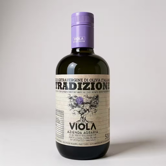Produktbild des Viola Tradizione Olivenöl aus Umbrien mit grauem Hintergrund