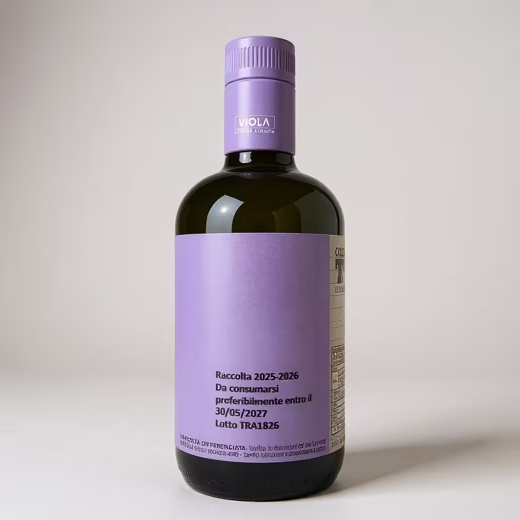 Flaschenansicht mit Rückenetikett des Viola Tradizione Olivenöl